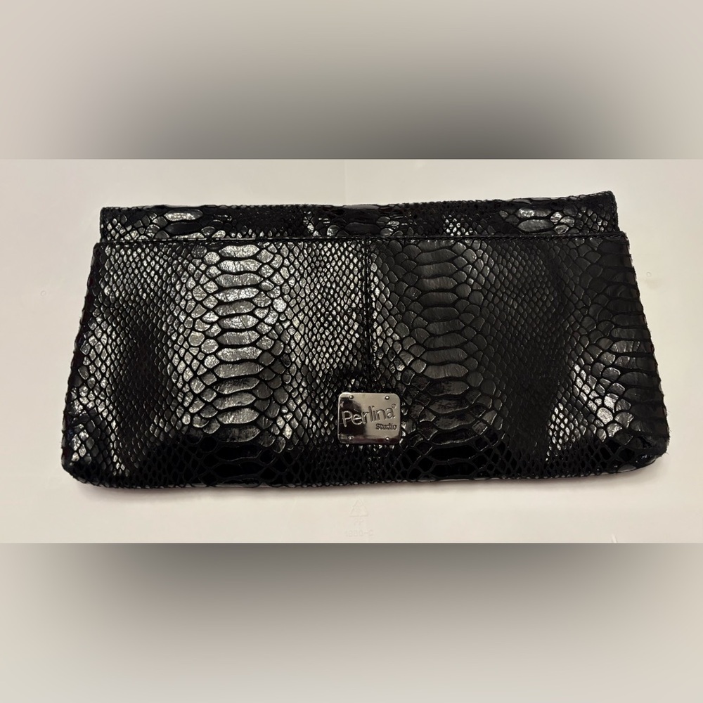 Perlina Black Snakeskin-Embossed Leather Clutch Bag
